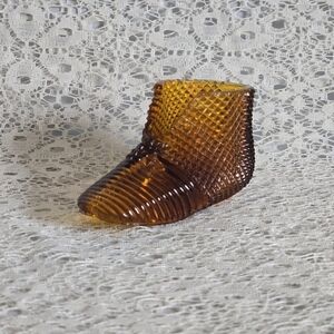Amber Pressed Glass Boot Figurine Vintage Textured Decor Accent